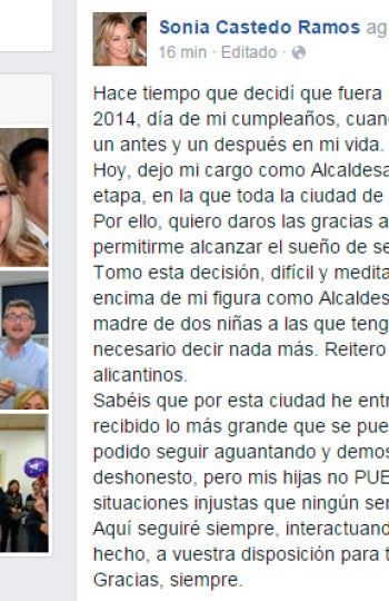 Sonia Castedo anuncia su dimisión a través de su facebook