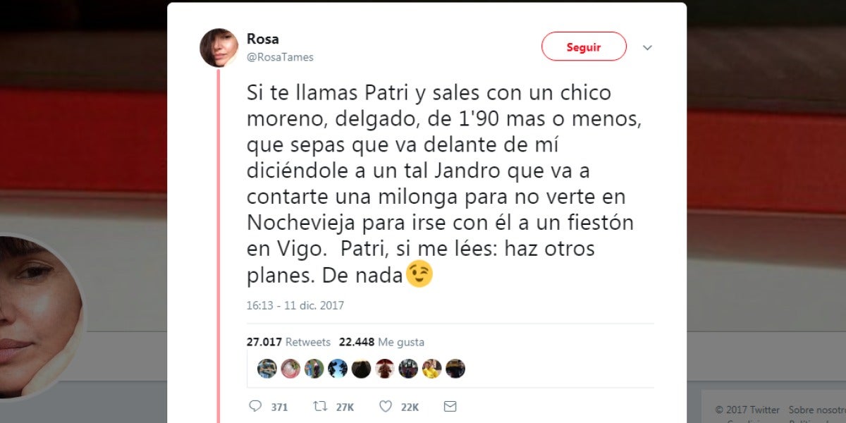 El tuit advirtiendo a Patri de que su novio quiere engañarla