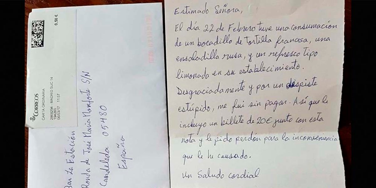 Carta de disculpa que el cliente envió al restaurante