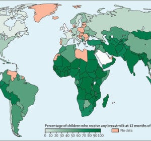 Porcentajes de niños que maman del pecho a los doce meses de vida en 153 países, entre 1995 y 2013 