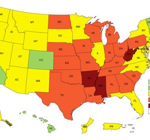 Mapa de color con los datos de la epidemia de obesidad