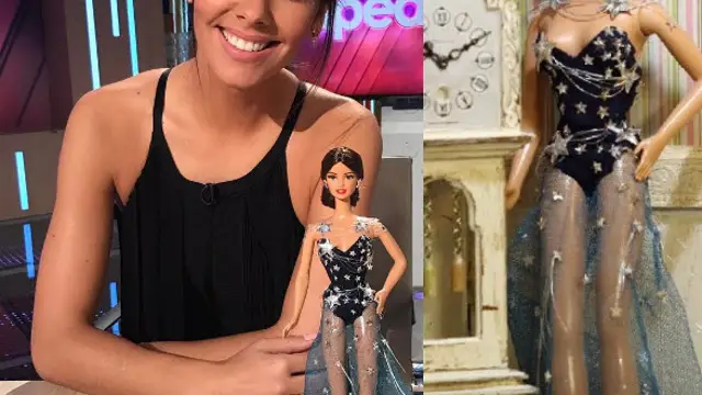 Cristina Pedroche con la muñeca que lleva la replica de su vestido de Nochevieja