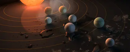 Representación artística que muestra la estrella TRAPPIST-1 y sus planetas marcando su potencial para albergar agua líquida según la temperatura superficial a la que se encuentran Representación artística que muestra la estrella TRAPPIST-1 y sus planetas marcando su potencial para albergar agua líquida según la temperatura superficial a la que se encuentran