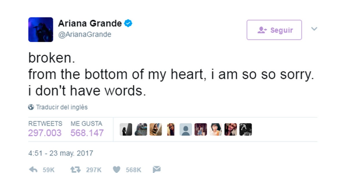 Tuit de Ariana Grande condenado el ataque durante su concierto