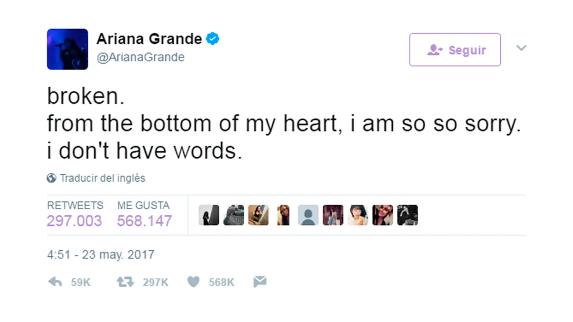 Tuit de Ariana Grande condenado el ataque durante su concierto