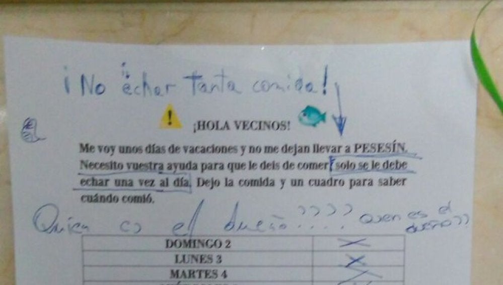 La nota que dejó el propietario junto al 'Pesesín'