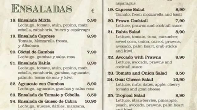Estracto de la carta del restaurante al que acudió la bloguer