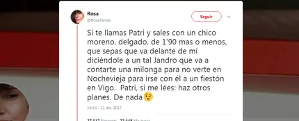 El tuit advirtiendo a Patri de que su novio quiere engañarla El tuit advirtiendo a Patri de que su novio quiere engañarla