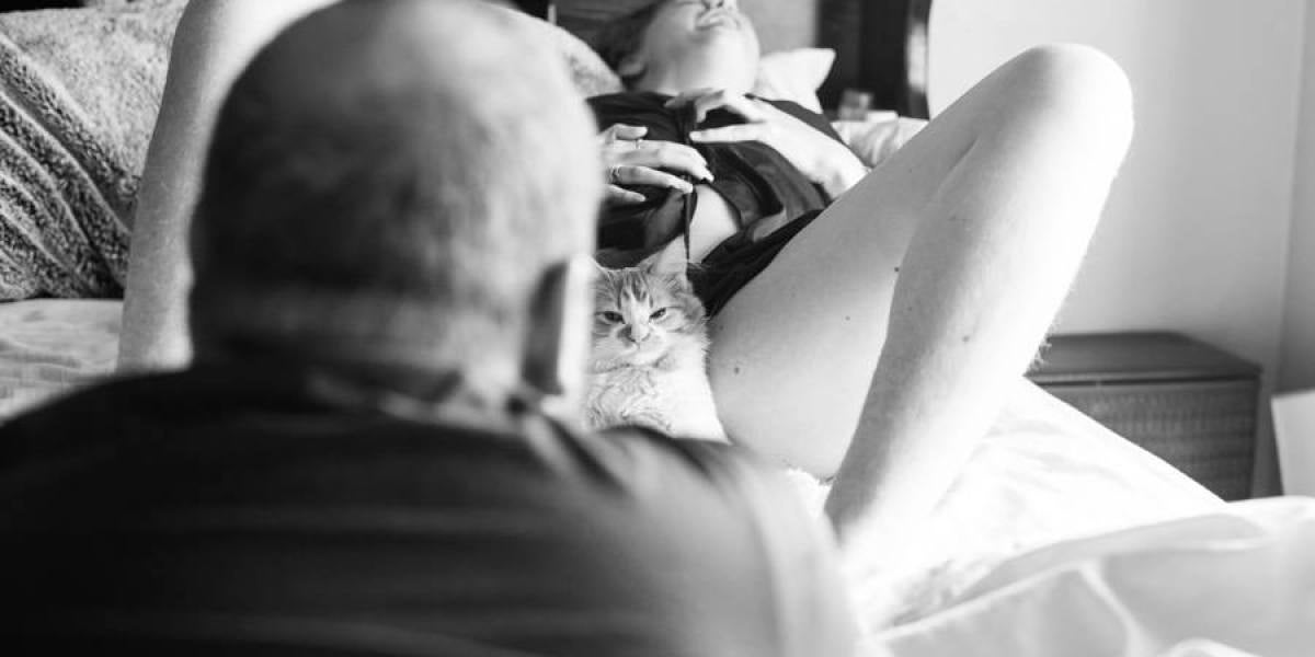 Una fotógrafa simula dar a luz a un gato