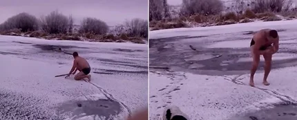 Un hombre rescata a un perro que está atrapado en un lago helado Un hombre rescata a un perro que está atrapado en un lago helado