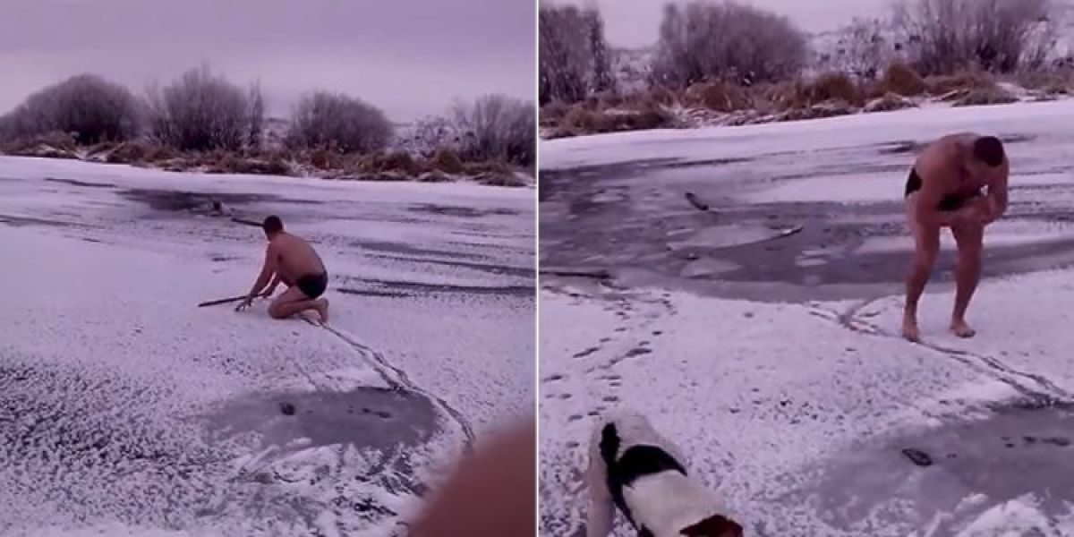 Un hombre rescata a un perro que está atrapado en un lago helado