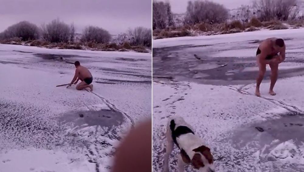 Un hombre rescata a un perro que está atrapado en un lago helado