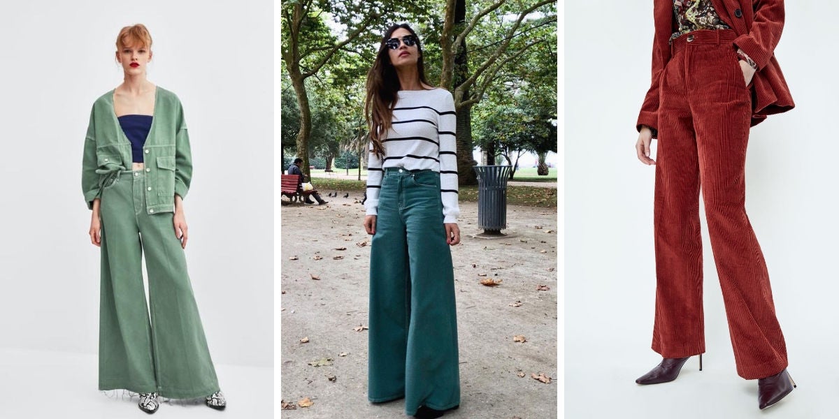 Pantalones palazzo en color verde (29,95€) y pantalón pana rojo (39,95€)