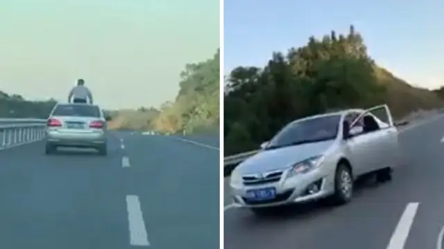 Un joven saca el cuerpo por el techo del coche y choca con una barra de límite de altura
