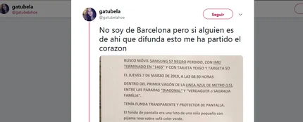 Twitter se hace eco de un anuncio para encontrar un móvil perdido en Barcelona Twitter se hace eco de un anuncio para encontrar un móvil perdido en Barcelona