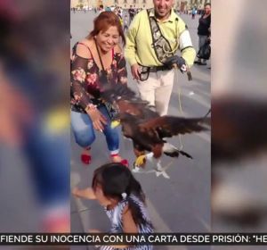 Una niña asustada intenta escapar de las garras de un águila ante las risas de su madre Una niña asustada intenta escapar de las garras de un águila ante las risas de su madre