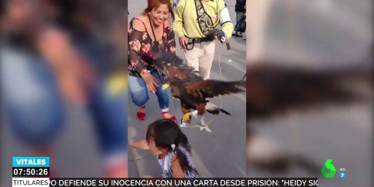 Una niña asustada intenta escapar de las garras de un águila ante las risas de su madre