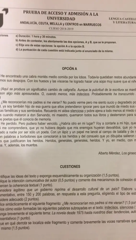 Imagen de la Opción A en el examen de Literatura de la Selectividad de Andalucía 2019 Imagen de la Opción A en el examen de Literatura de la Selectividad de Andalucía 2019