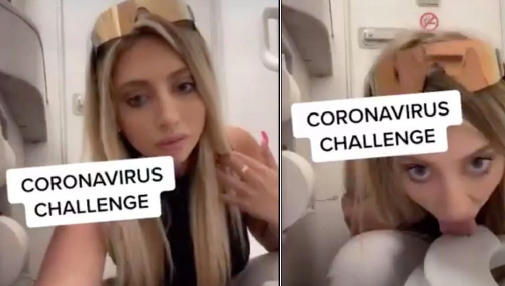 Una influencer lame la tapa del inodoro de un avión para el polémico 'coronavirus challenge'