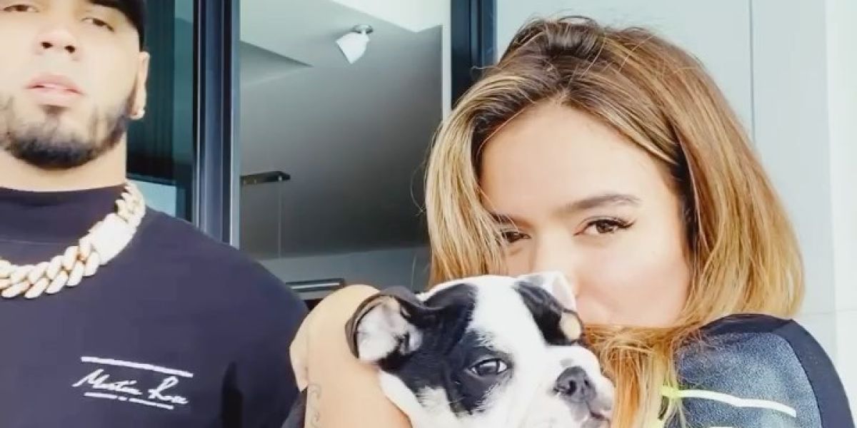 Anuel AA y Karol G, con su perro, durante el confinamiento