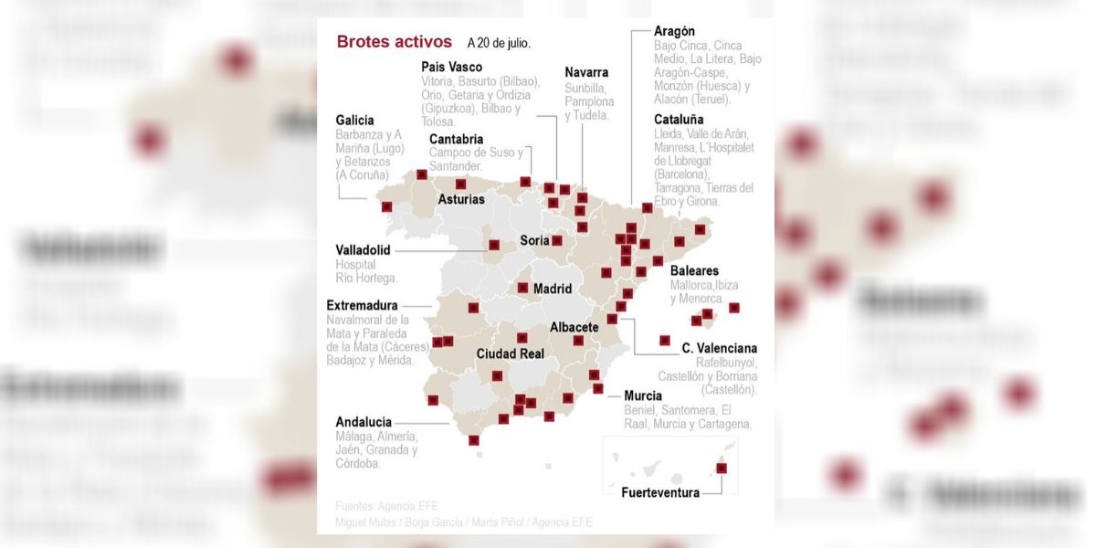 Mapa de rebrotes de coronavirus en España - A 20 de julio