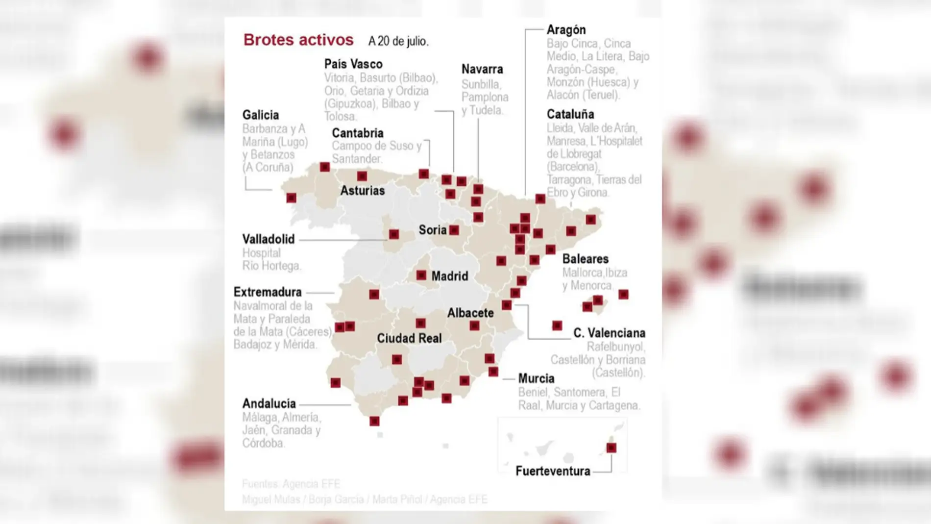 Mapa de rebrotes de coronavirus en EspaÃ±a - A 20 de julio
