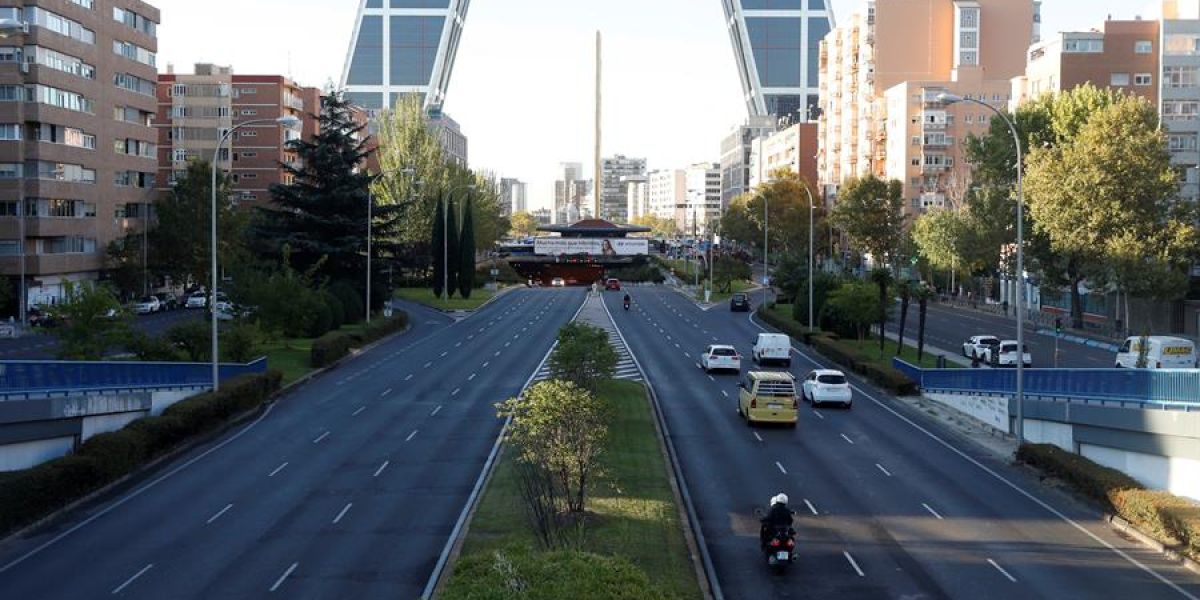 Vista del Paseo de la Castellana en Madrid, confinada perimetralmente