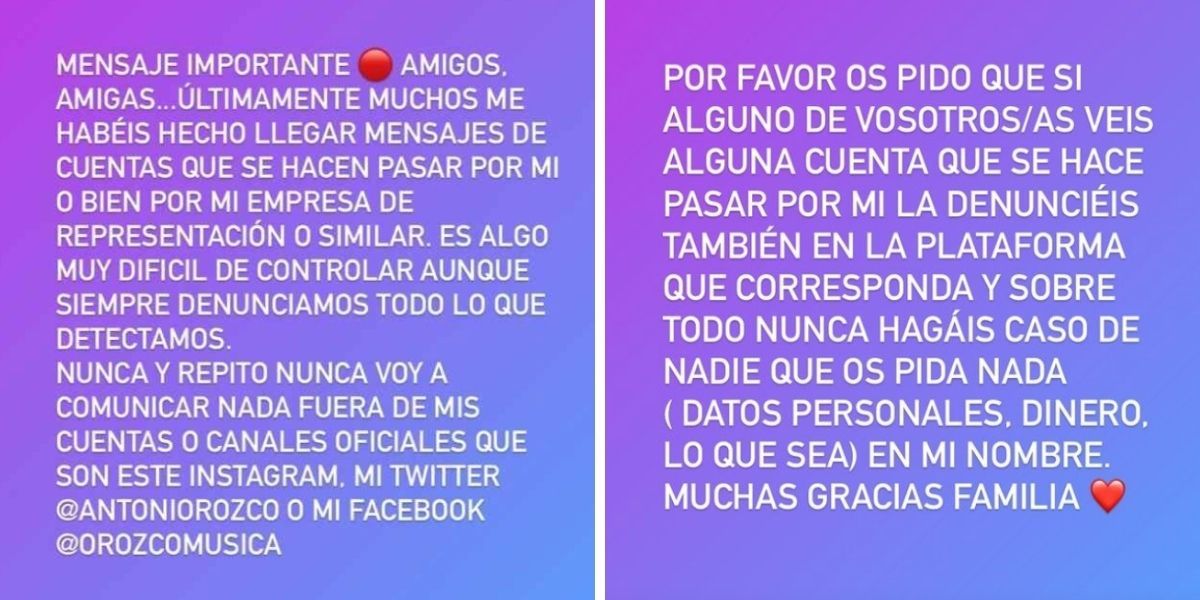 Antonio Orozco en su cuenta de Instagram
