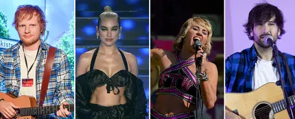Ed Sheeran, Dua Lipa, Miley Cyrus y David Otero. Ed Sheeran, Dua Lipa, Miley Cyrus y David Otero.