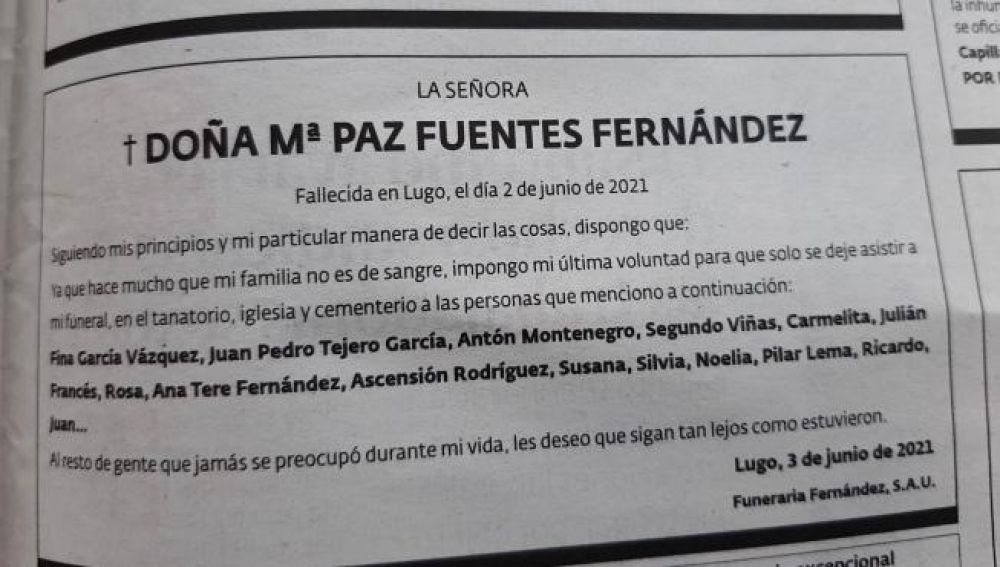 Escribe su última voluntad en una esquela y dice quién pude ir al funeral