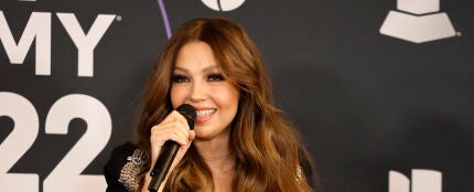 Thalía, en la rueda de prensa de presentadores de los Latin Grammy 2022.