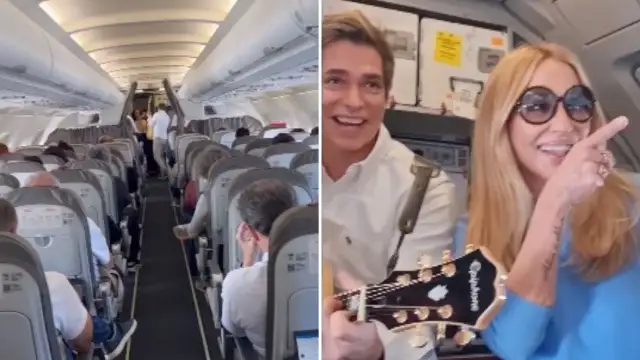 Carlos Baute y Marta Sánchez amenizan las turbulencias de un avión al ritmo de 'Colgando en tus manos'