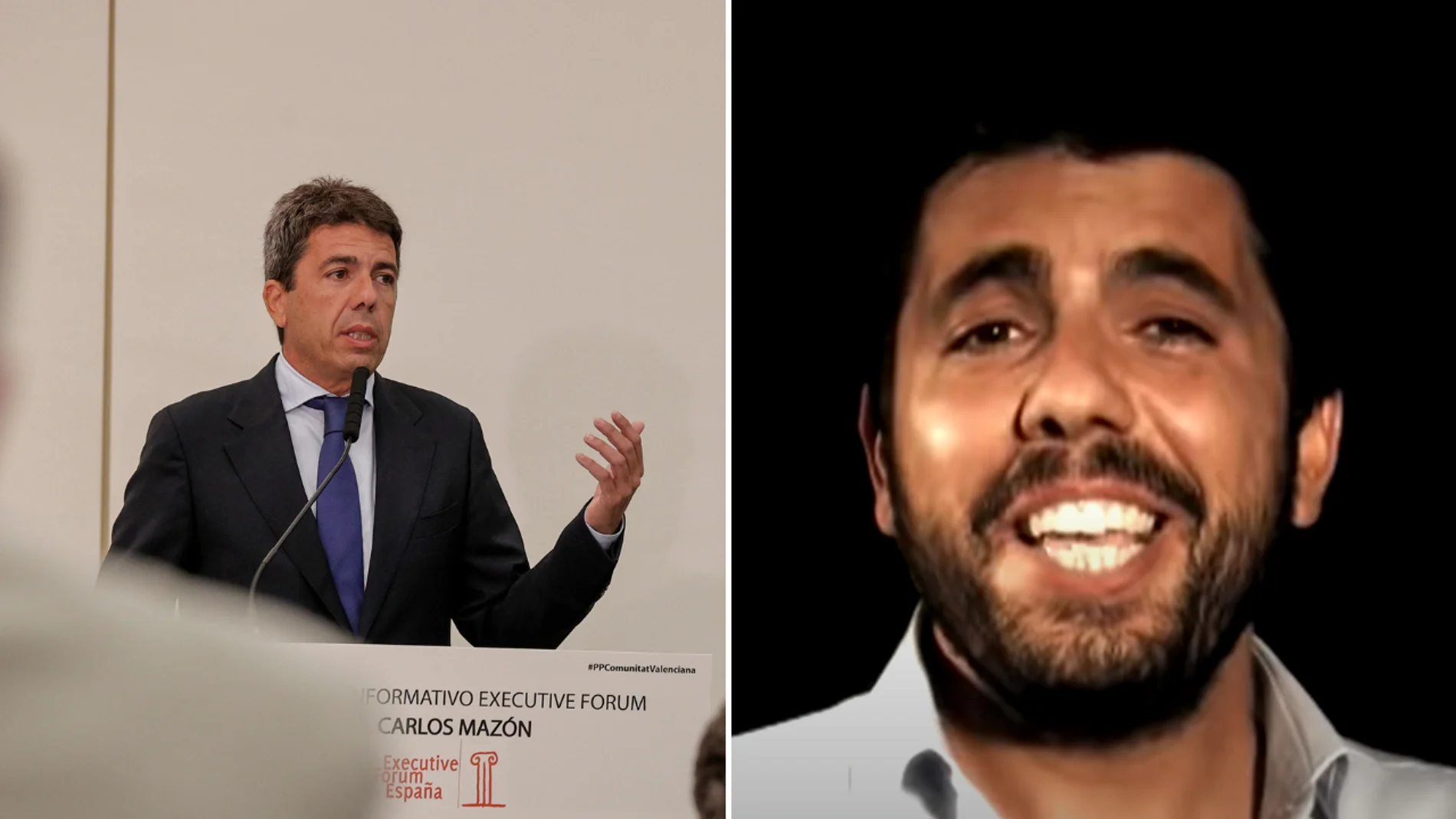 En la izquierda, Carlos Mazón, nuevo presidente de la Comunidad Valenciana después de conocer los resultados del 28M. A la derecha, el político en un videoclip de su grupo Marengo interpretando 'Y solo tú'.