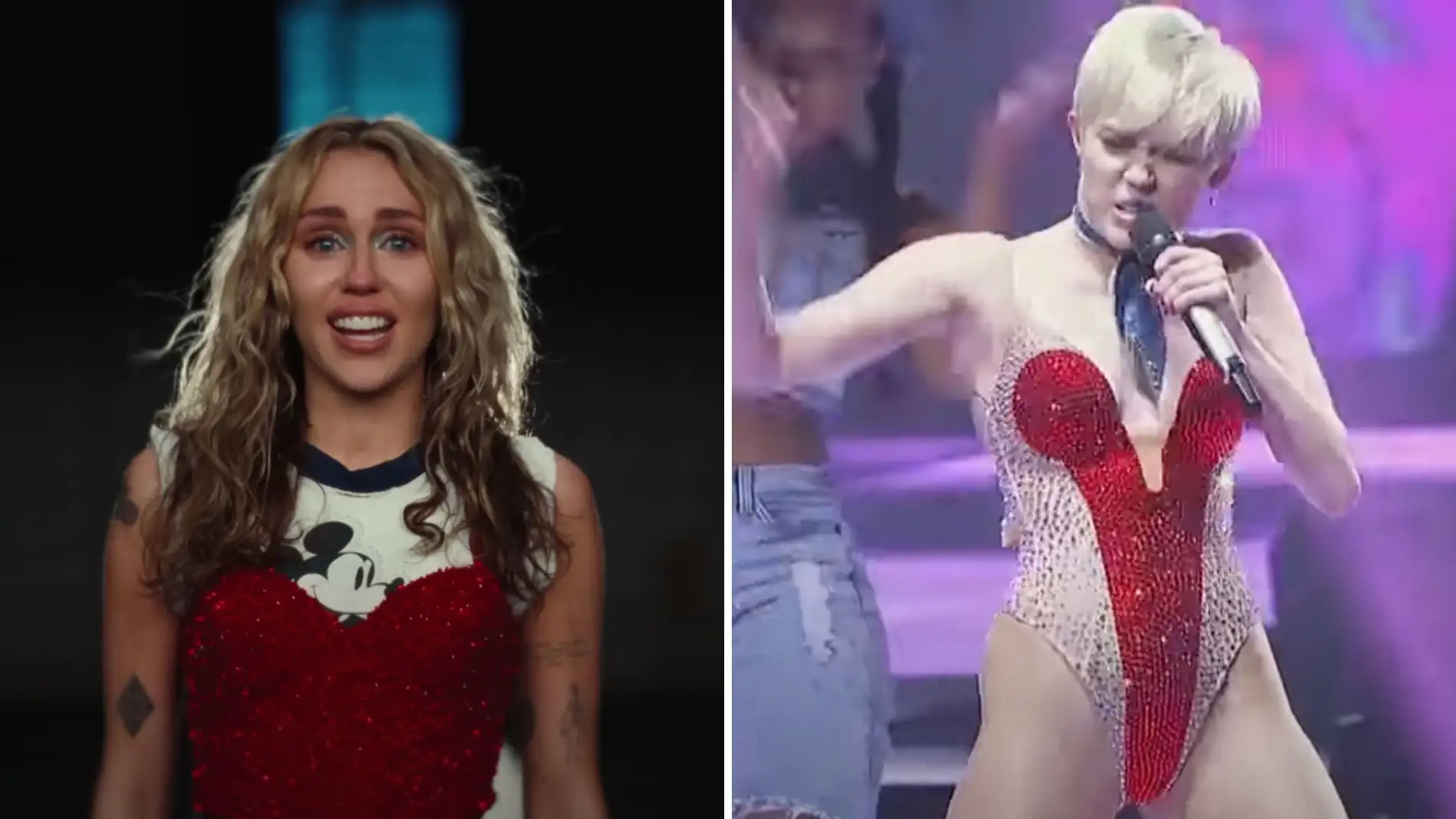 Miley Cyrus en el videoclip de 'Used to be Young' (izq, 2023), Miley Cyrus en el 'Bangerz Tour' (dch, 2014)