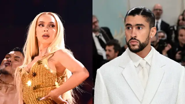 Bad Gyal, durante un concierto en Las Vegas, y Bad Bunny, en la Gala Met 2023.