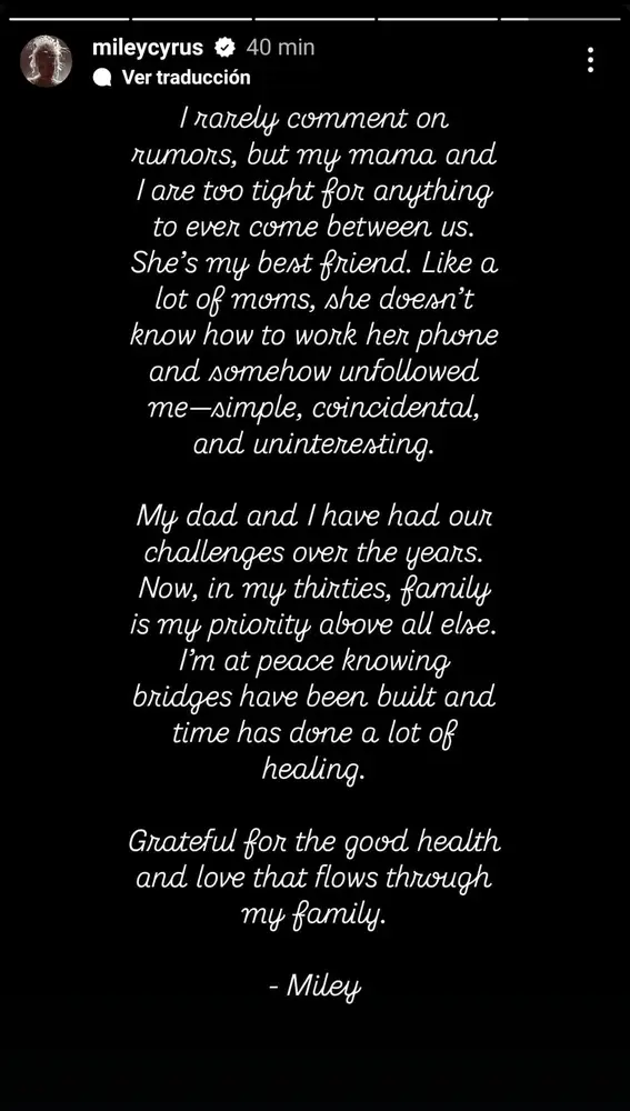 Miley Cyrus habla sobre su familia en una historia de Instagram Miley Cyrus habla sobre su familia en una historia de Instagram