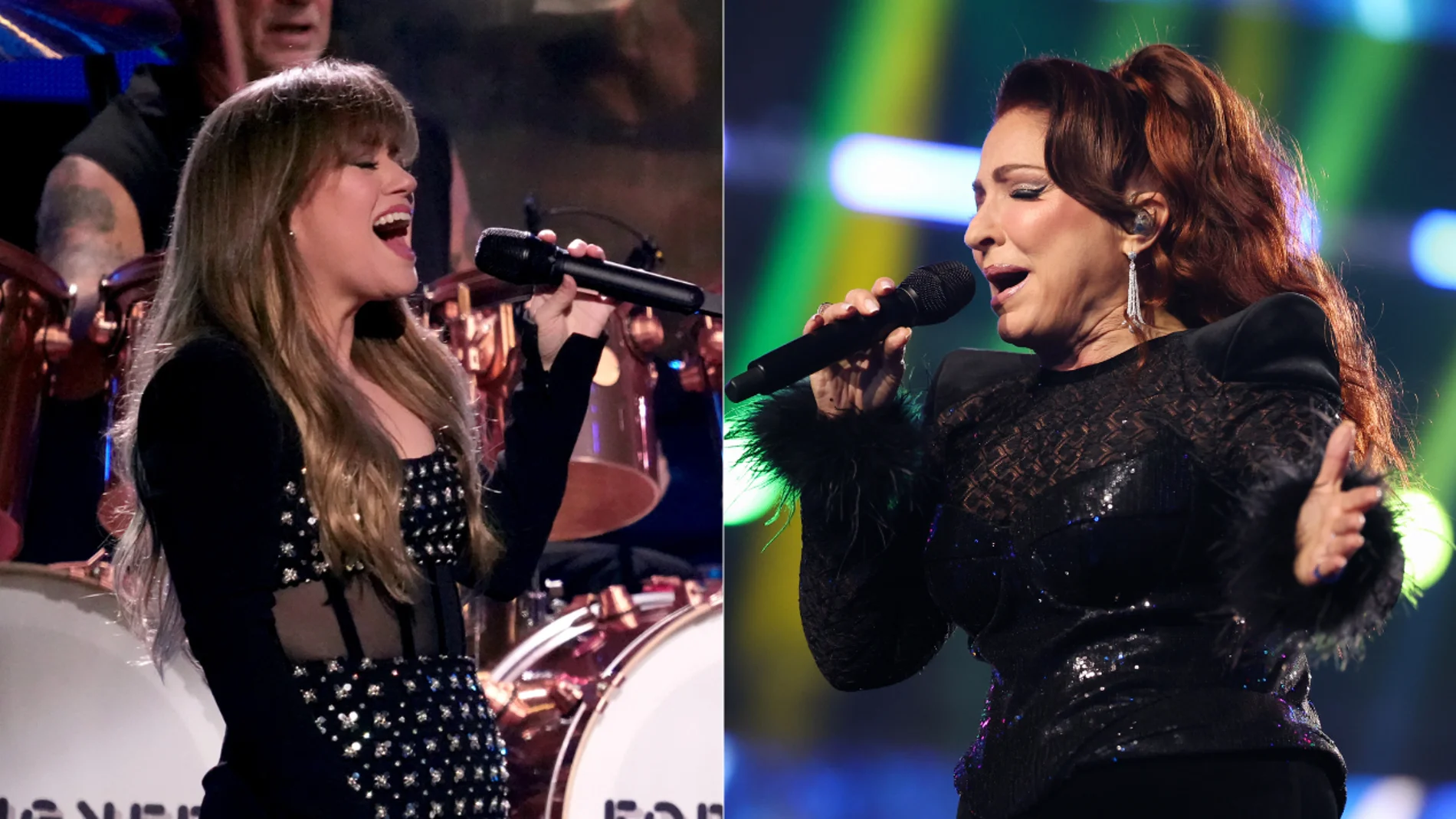 Kelly Clarkson y Gloria Estefan cantando en diferentes espectáculos. Kelly Clarkson y Gloria Estefan cantando en diferentes espectáculos.