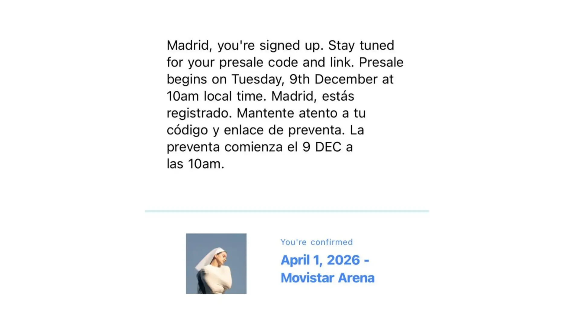 Correo electrónico sobre la Artist Presale Correo electrónico sobre la Artist Presale