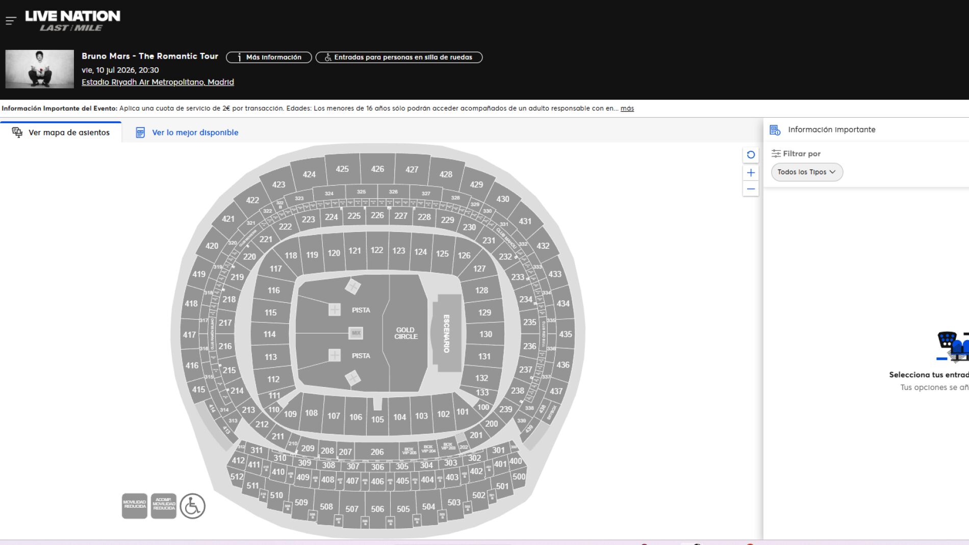Plano del Estadio Metropolitano para el concierto de Bruno Mars del 10 de julio