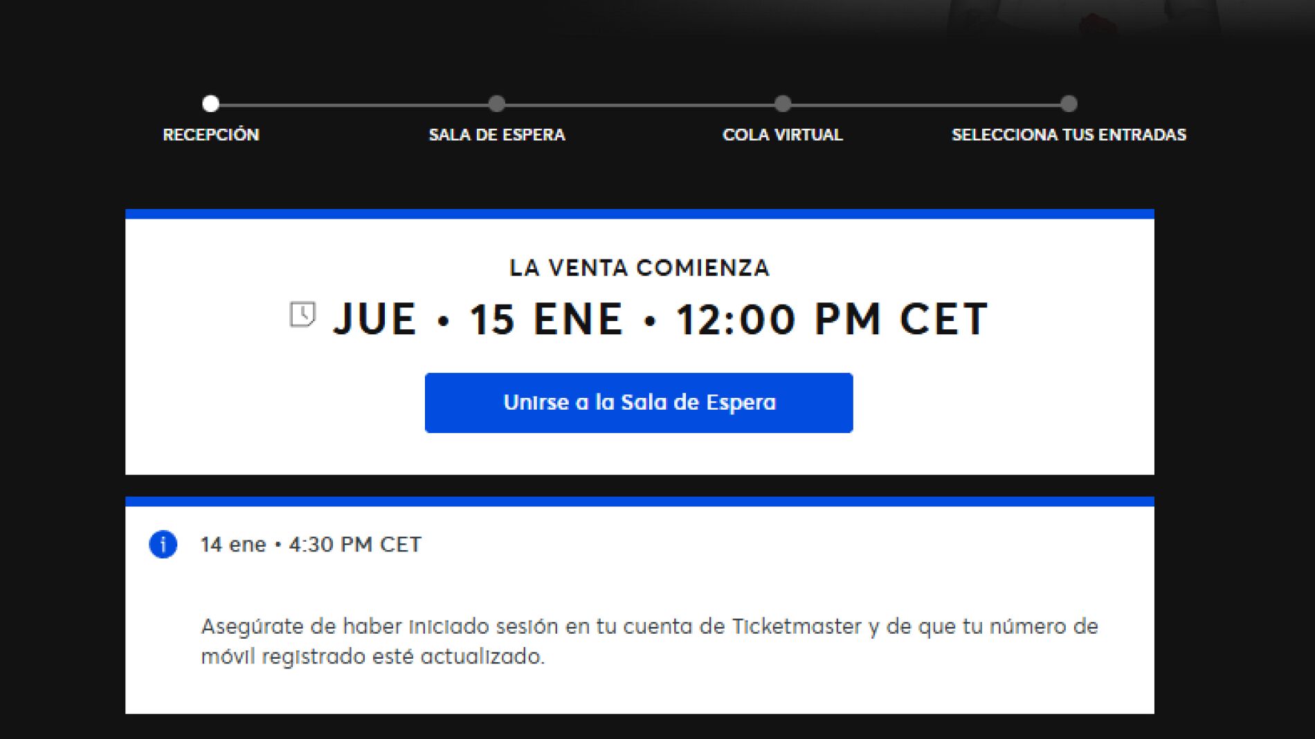 Aviso de Tickemaster para comprar entradas para Bruno Mars.