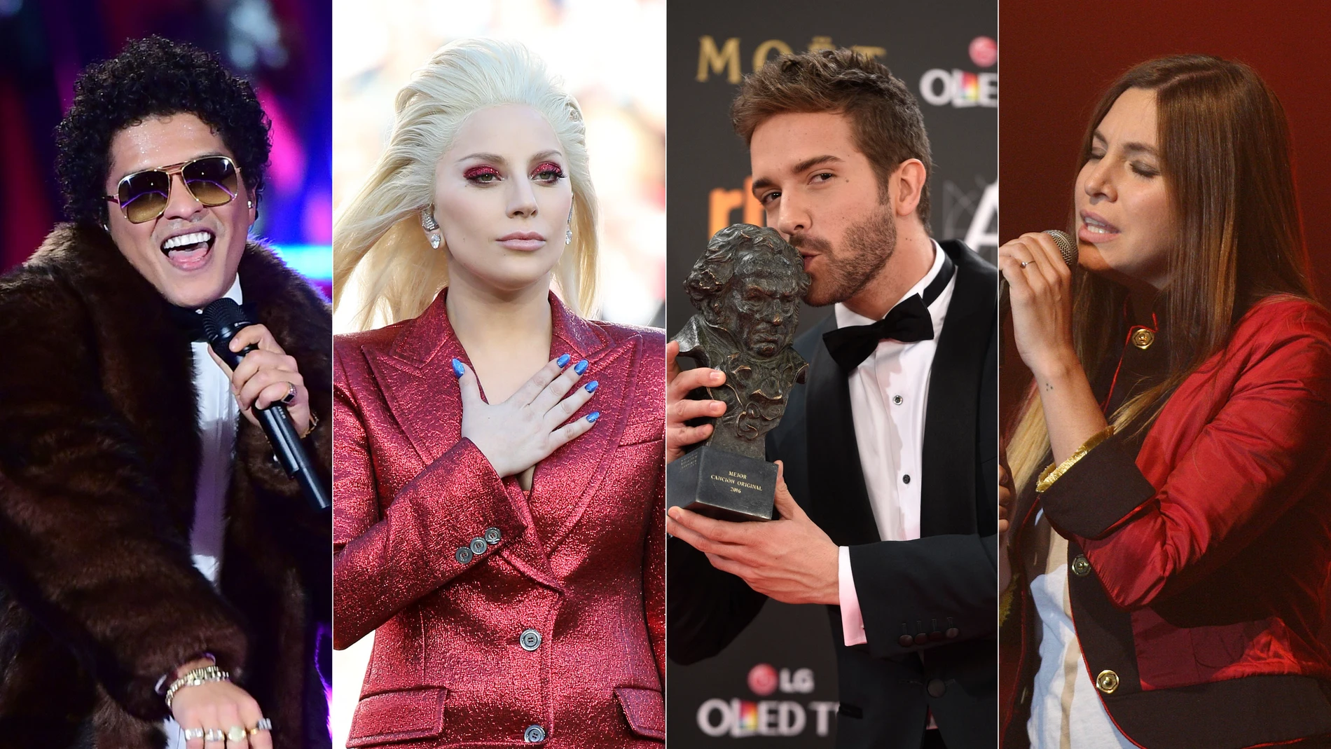 Bruno Mars, Lady Gaga, Pablo Alborán y Leire Martínez en 2016 Bruno Mars, Lady Gaga, Pablo Alborán y Leire Martínez en 2016
