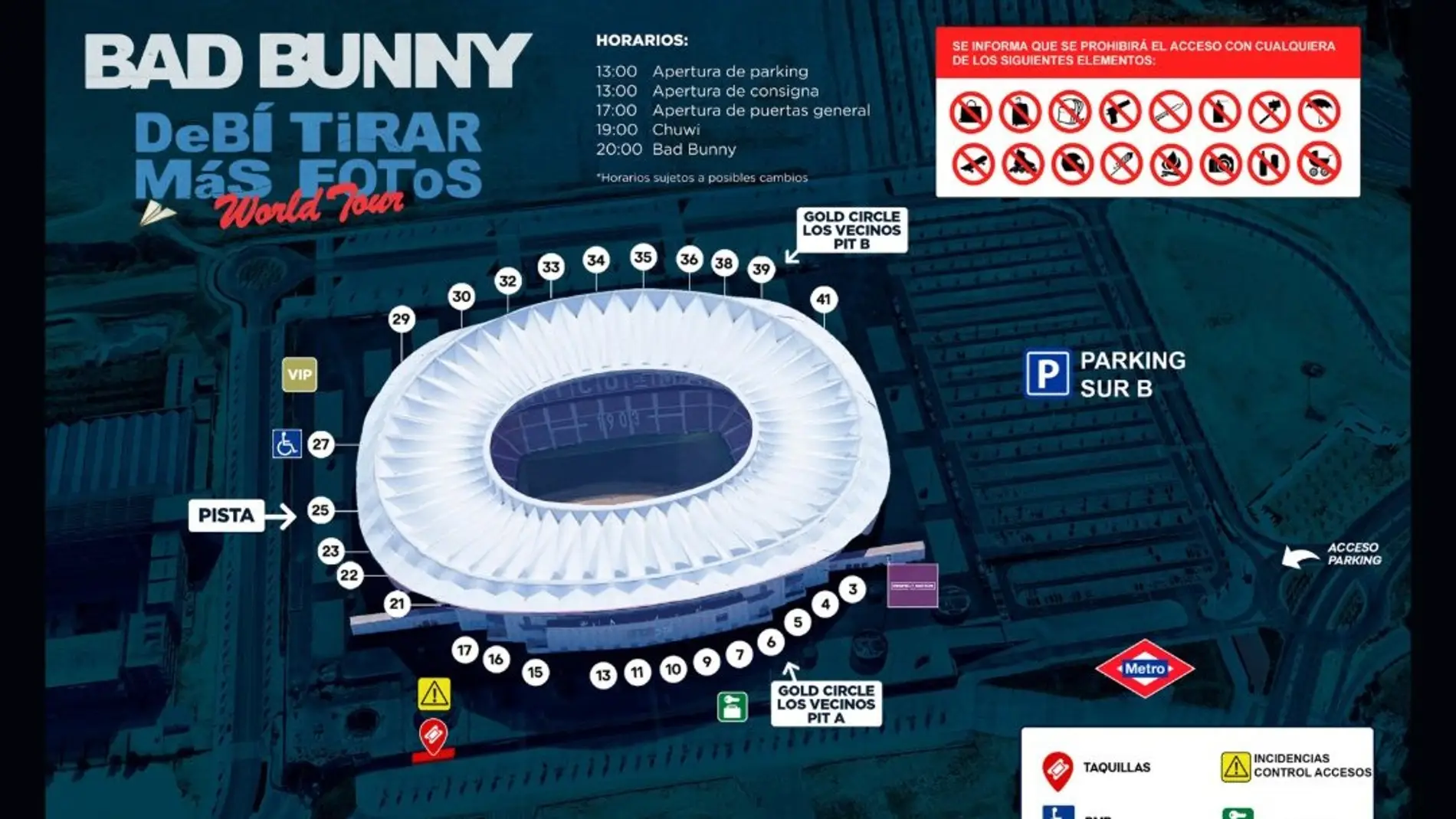 Plano de accesos del Metropolitano para ver a Bad Bunny en Madrid Plano de accesos del Metropolitano para ver a Bad Bunny en Madrid