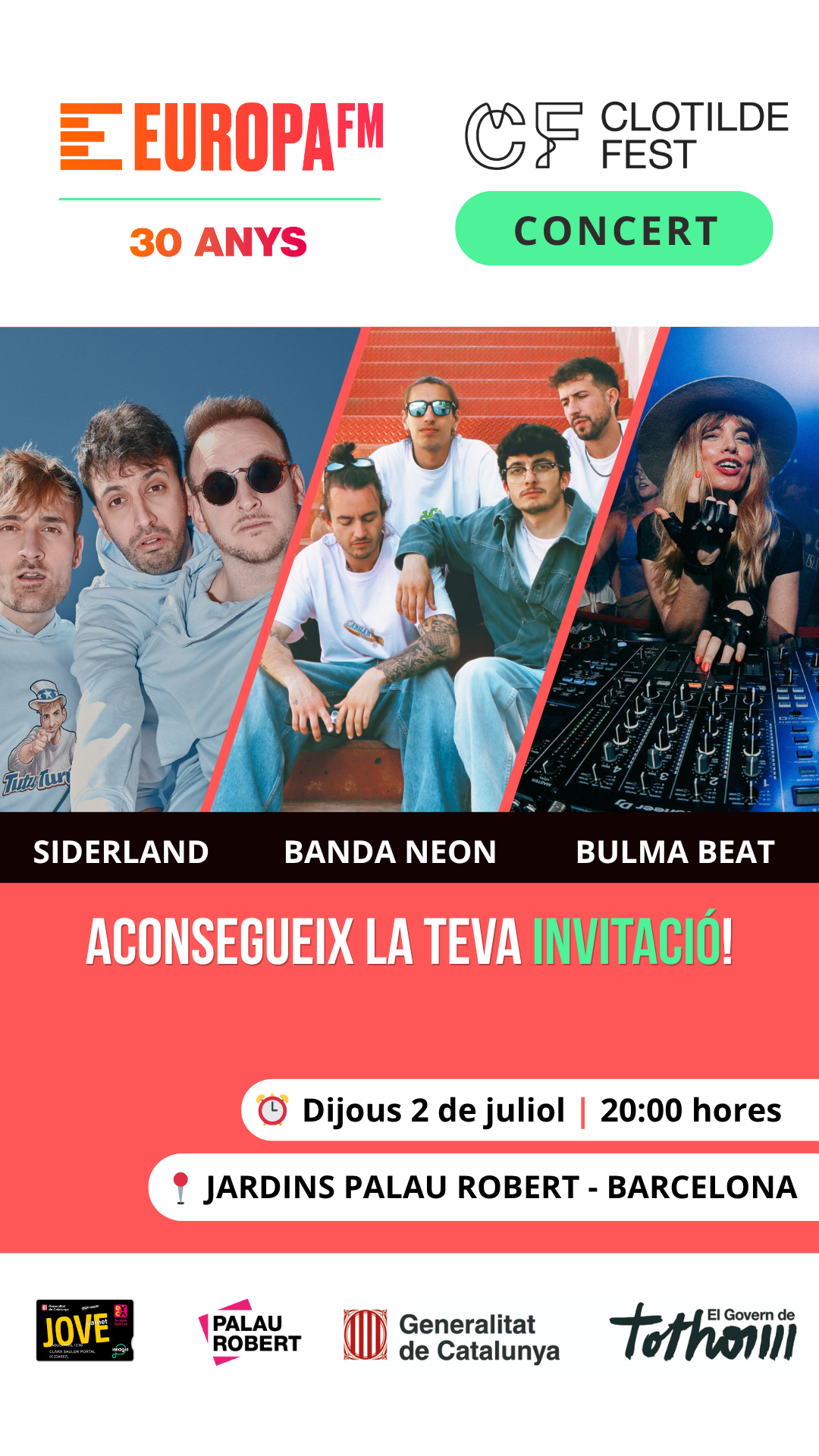 Europa FM et convida a viure el Clotilde Fest amb Siderland, Banda Neon i Bulma Beat: Aconsegueix la teva invitació! Europa FM et convida a viure el Clotilde Fest amb Siderland, Banda Neon i Bulma Beat: Aconsegueix la teva invitació!