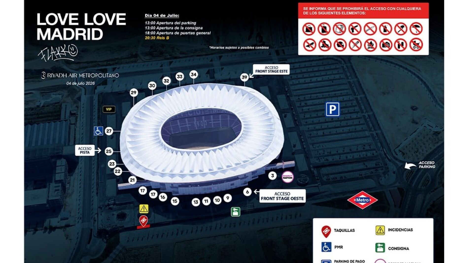 Mapa de accesos del Metropolitano para el concierto de Rels B