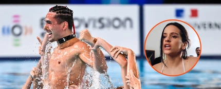 Montaje de Rosalía y Dennis González durante la rutina del equipo acrobático en el Europeo 2026 Montaje de Rosalía y Dennis González durante la rutina del equipo acrobático en el Europeo 2026