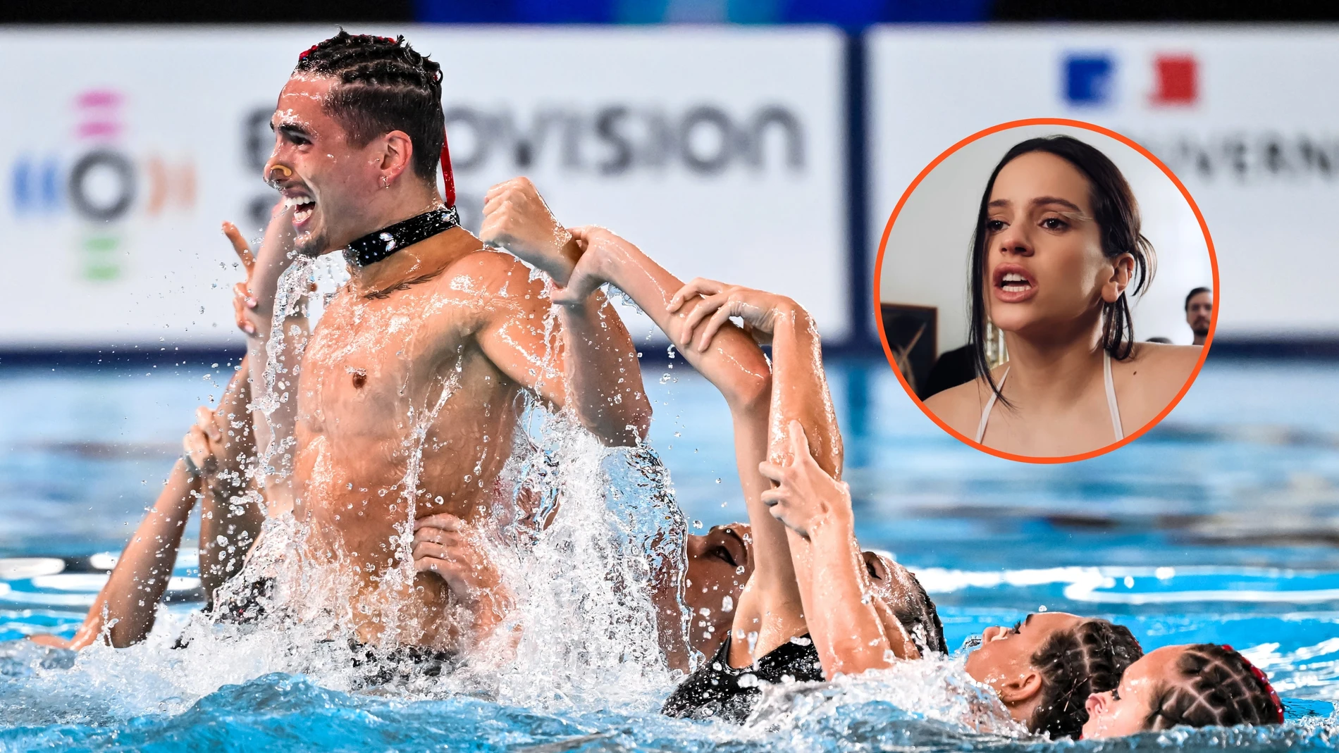 Montaje de Rosalía y Dennis González durante la rutina del equipo acrobático en el Europeo 2026 Montaje de Rosalía y Dennis González durante la rutina del equipo acrobático en el Europeo 2026