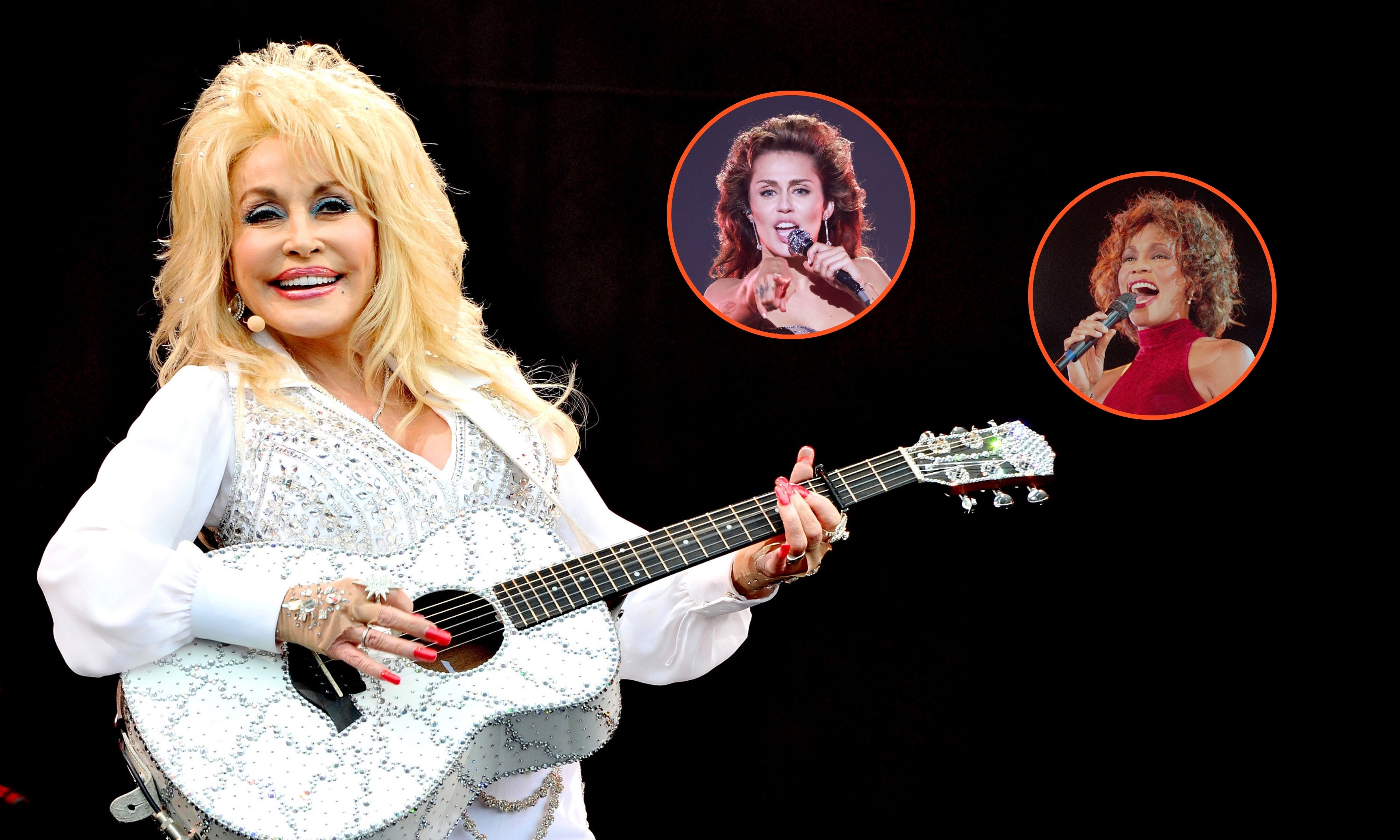 Montaje de Dolly Parton con Miley Cyrus y Whitney Houston Montaje de Dolly Parton con Miley Cyrus y Whitney Houston