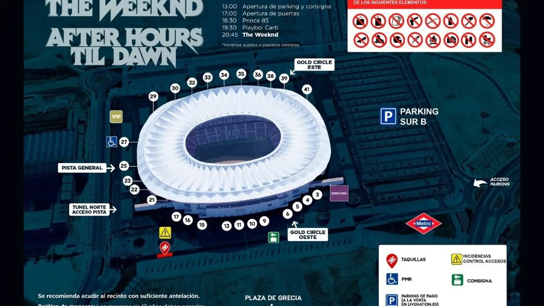 Plano de accesos del Metropolitano para ver a The Weeknd en Madrid Plano de accesos del Metropolitano para ver a The Weeknd en Madrid