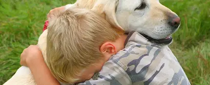 Un niño abraza a su perro Un niño abraza a su perro