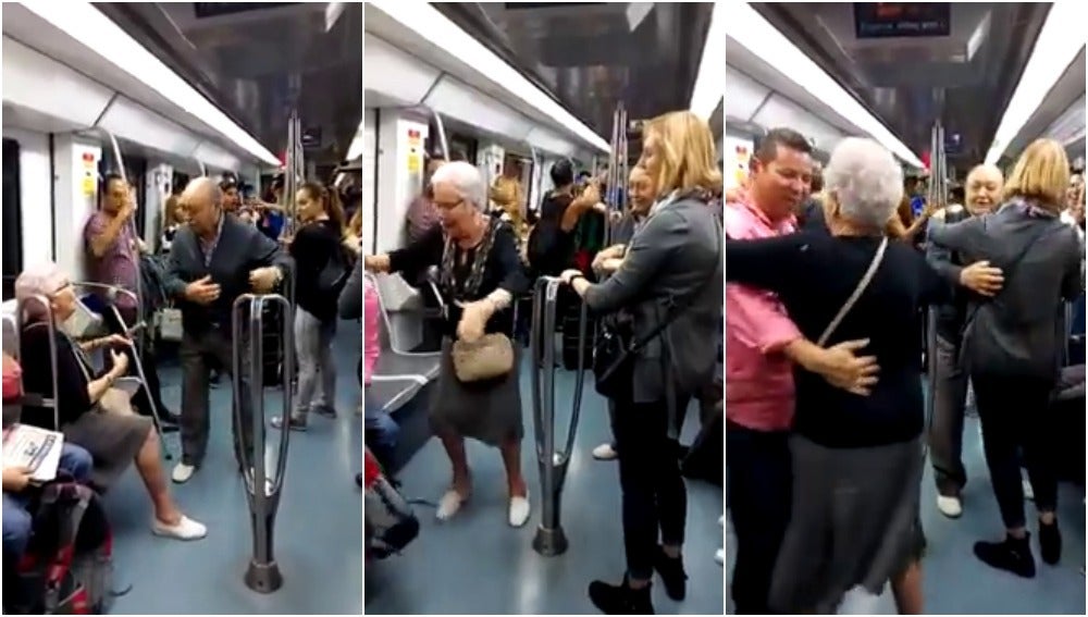 Una pareja de abuelos se anima a bailar en el metro